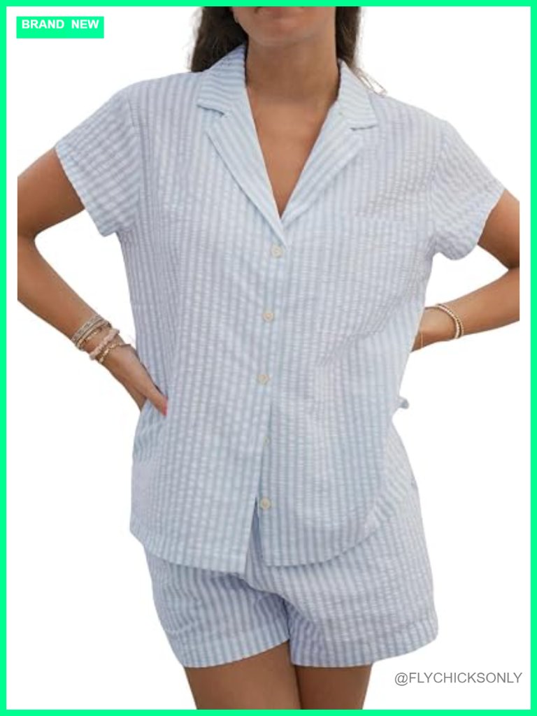 Women's Striped Pajama Set Short Sleeve Button Down Sleepwear